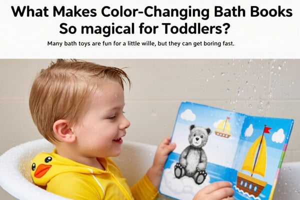 A close-up of a bath book page changing from black and white to color as it gets wet