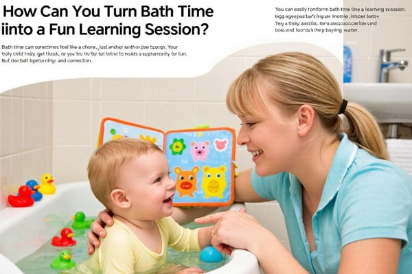 A parent and child laughing together while playing with a bath book in the tub
