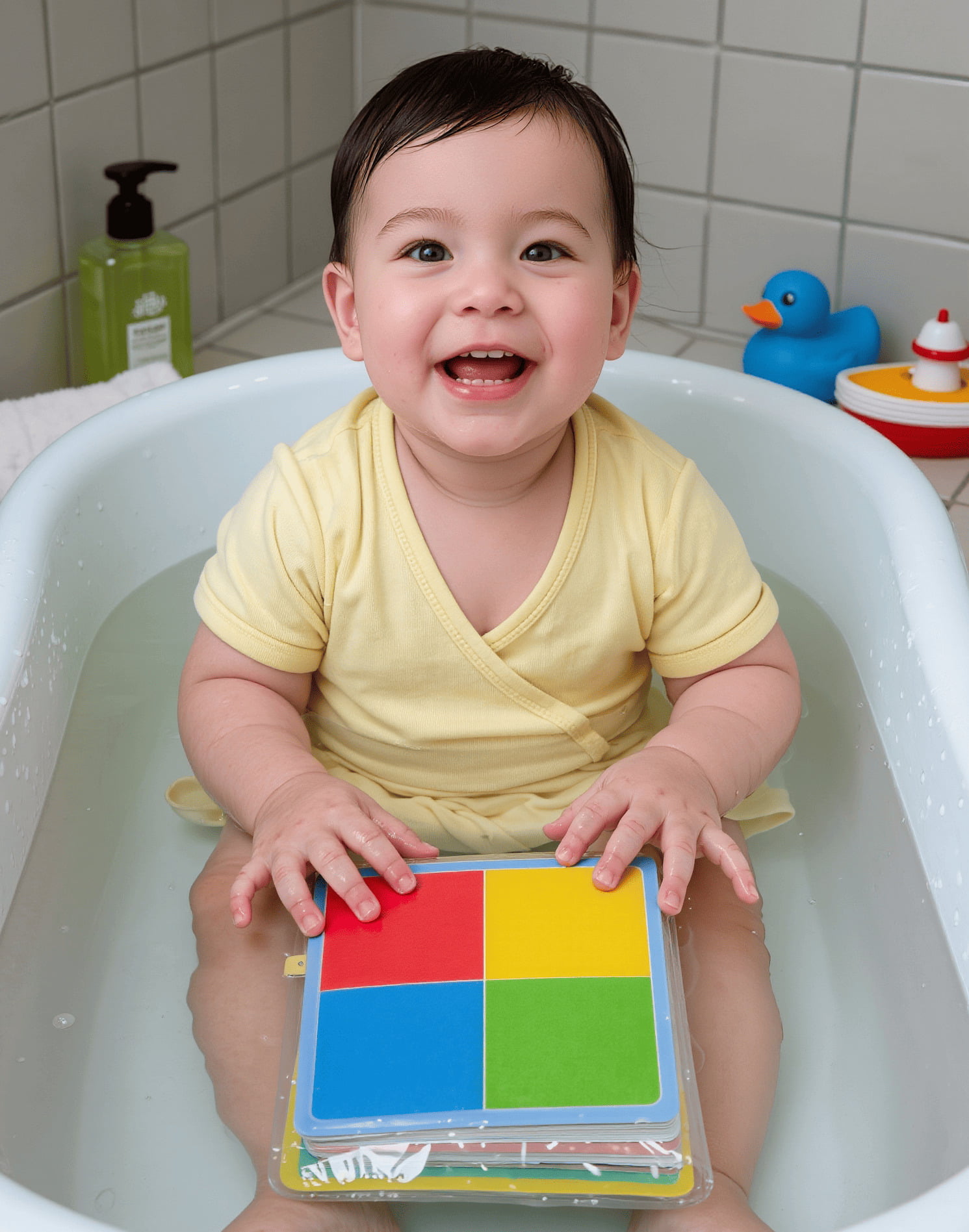 A colorful color-changing bath book floating in a tub with a baby's hands reaching for it