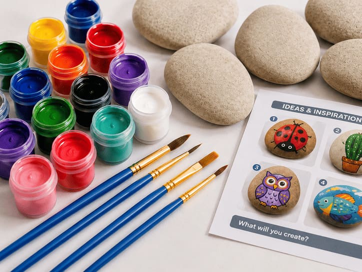 Close-up of high-quality paint, brushes, and smooth rocks