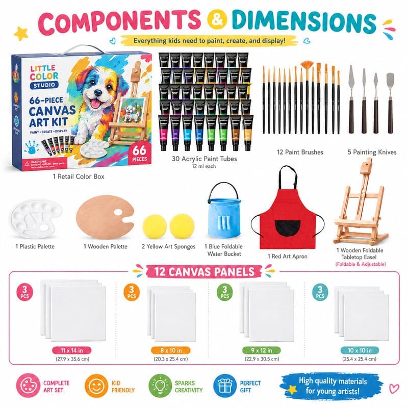 66-piece canvas art kit for kids front side back view