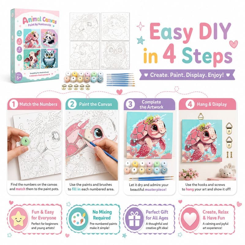 Animal pre-printed canvas painting kit for kids size reference