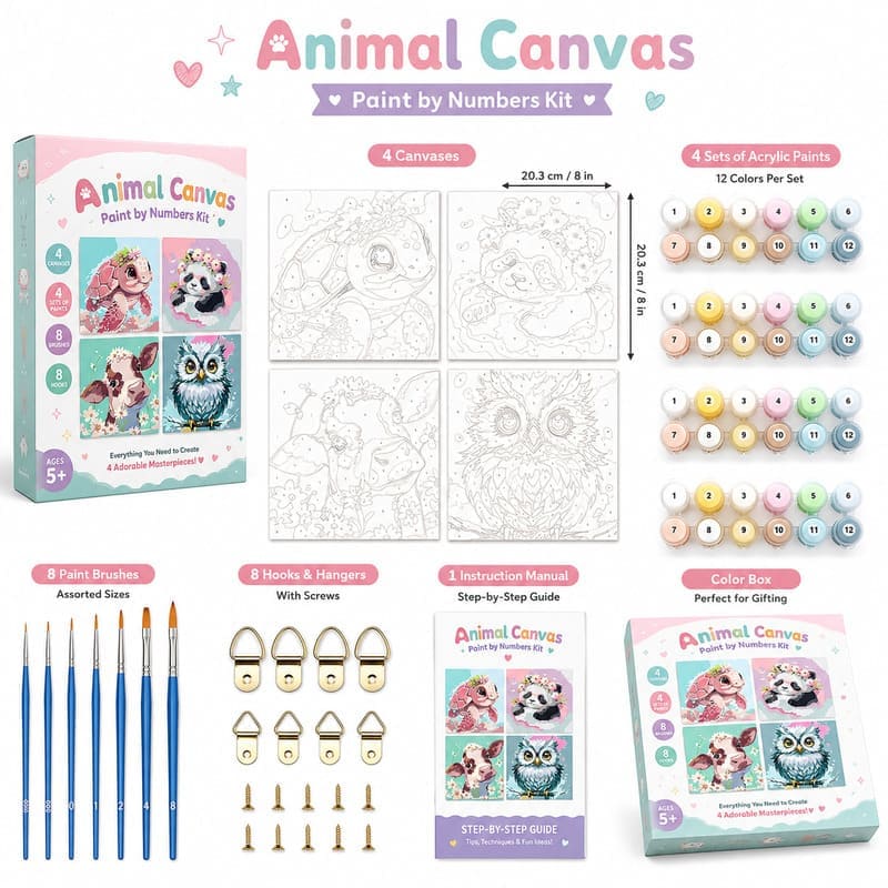 Animal pre-printed canvas painting kit for kids front side back view