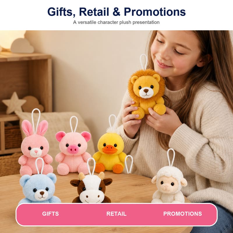 Assorted animal plush keychain set stitching detail