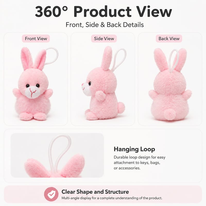Mini animal plush keychain set front side back view