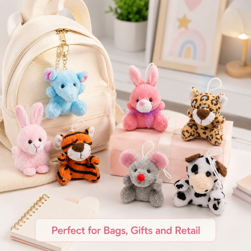 Mini animal plush keychain set stitching detail