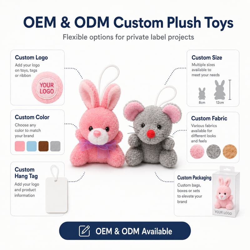 Mini animal plush keychain set embroidered detail
