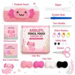 Axolotl pencil pouch crochet kit for beginners front side back view