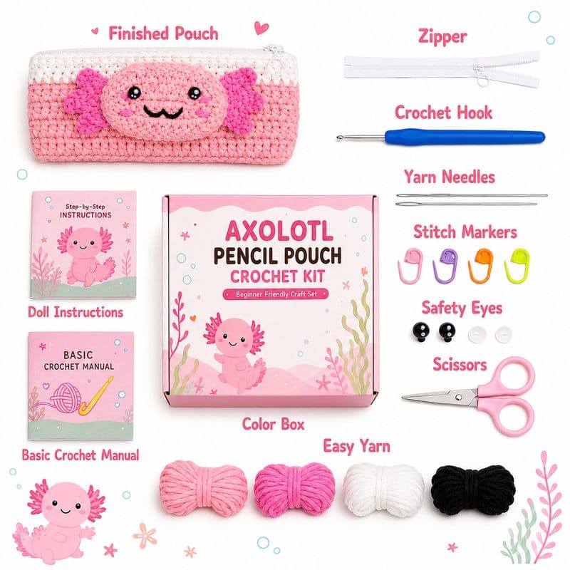 Axolotl pencil pouch crochet kit for beginners front side back view