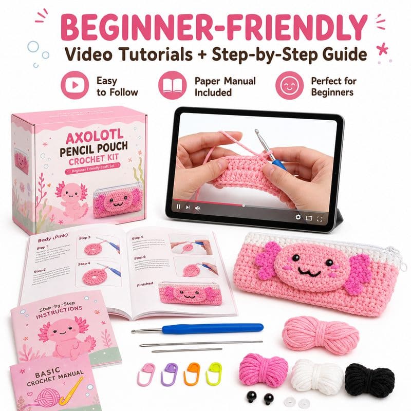 Axolotl pencil pouch crochet kit for beginners size reference