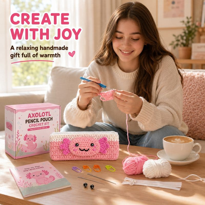 Axolotl pencil pouch crochet kit for beginners stitching detail