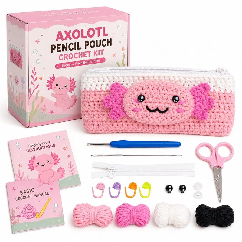 Axolotl pencil pouch crochet kit for beginners front view