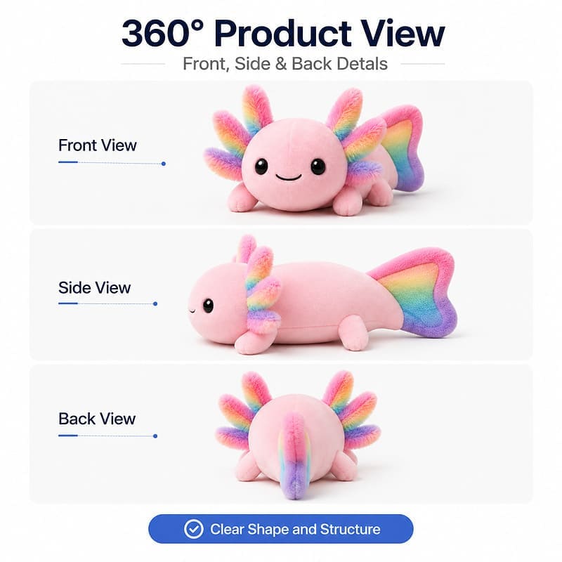 Axolotl plush toy front side back view