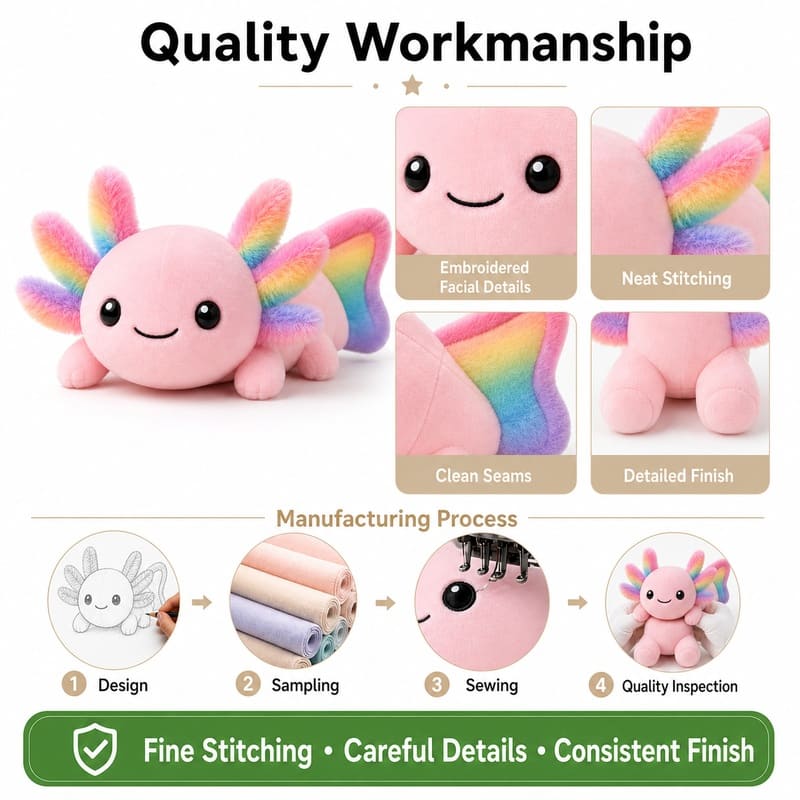 Axolotl plush toy embroidered detail