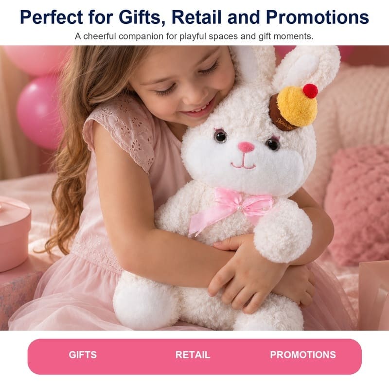 Birthday cake hat bunny plush toy for custom retail and oem plush collections stitching detail