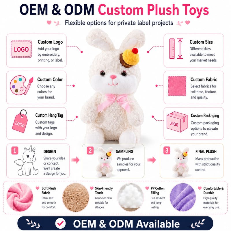 Birthday cake hat bunny plush toy for custom retail and oem plush collections embroidered detail