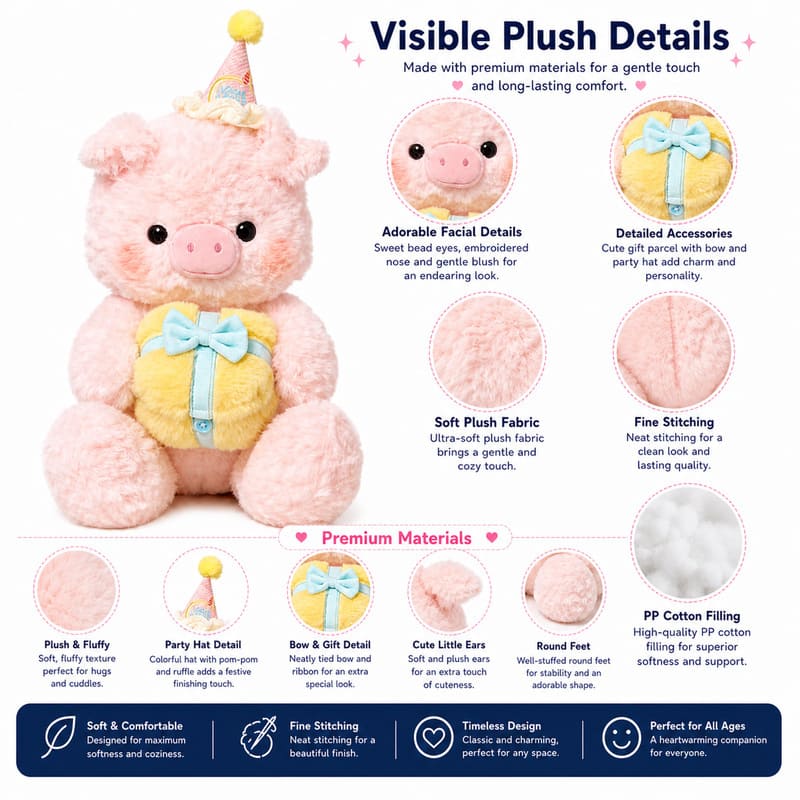 Birthday pig plush toy for custom retail and oem plush collections size reference