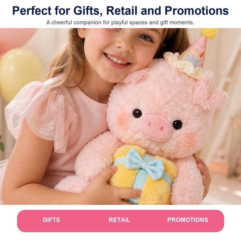 Birthday pig plush toy for custom retail and oem plush collections stitching detail