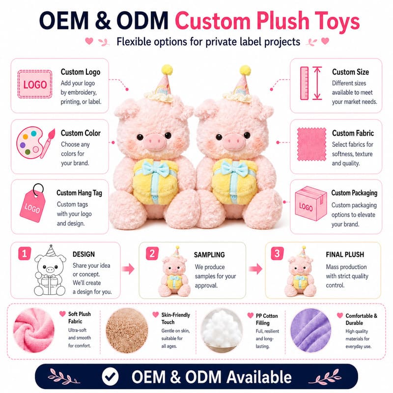 Birthday pig plush toy for custom retail and oem plush collections embroidered detail