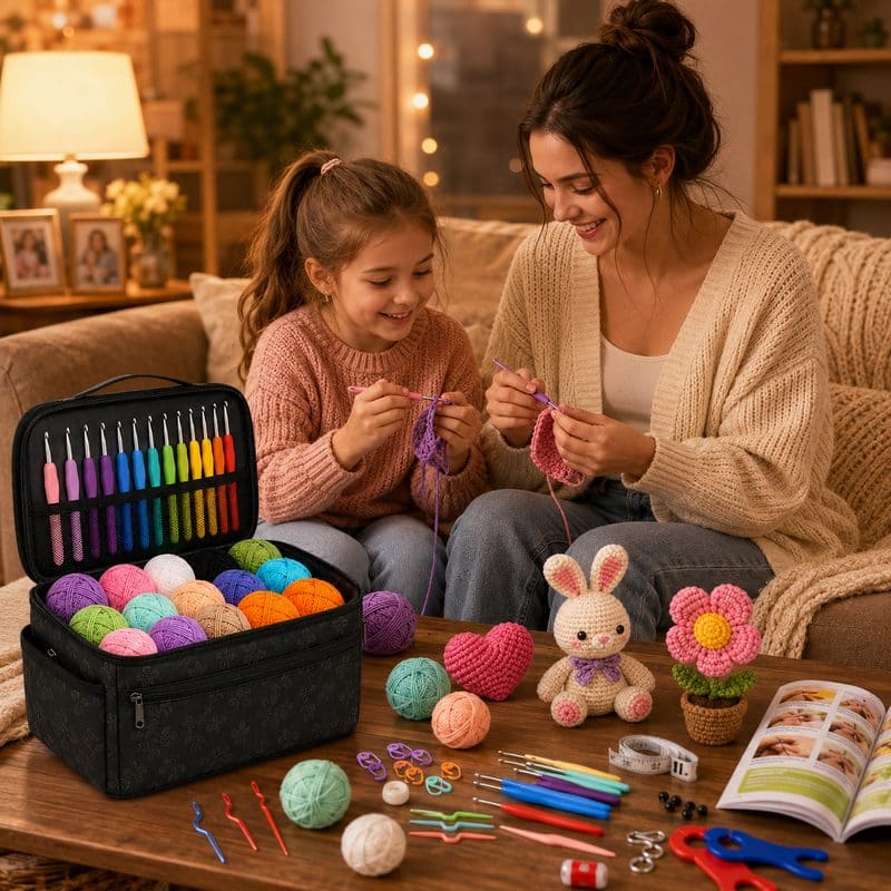 Black all-in-one crochet kit for beginners stitching detail