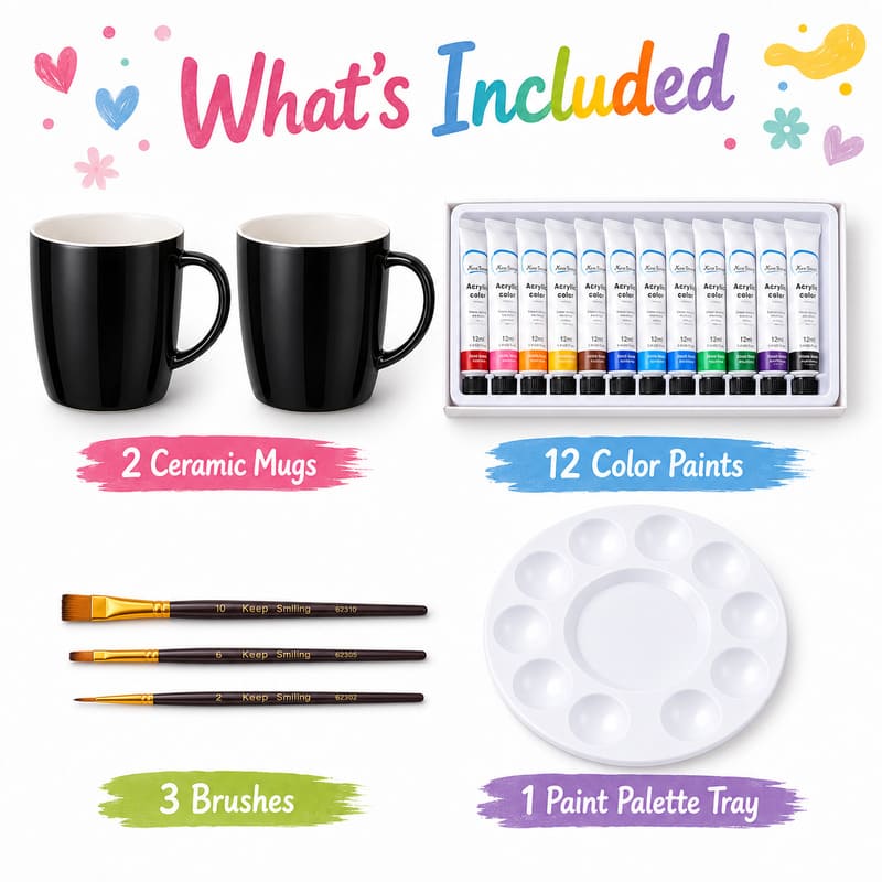 Black ceramic mug painting kit front side back view