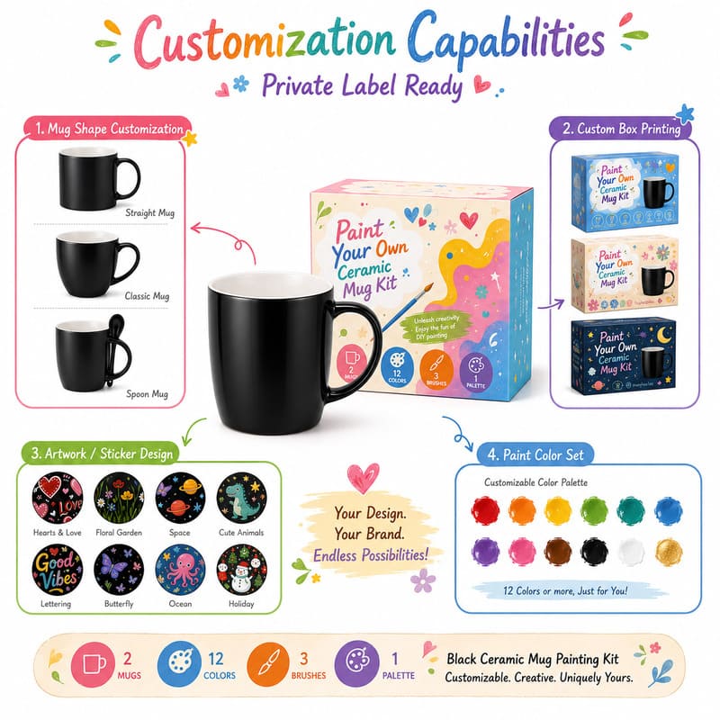 Black ceramic mug painting kit embroidered detail