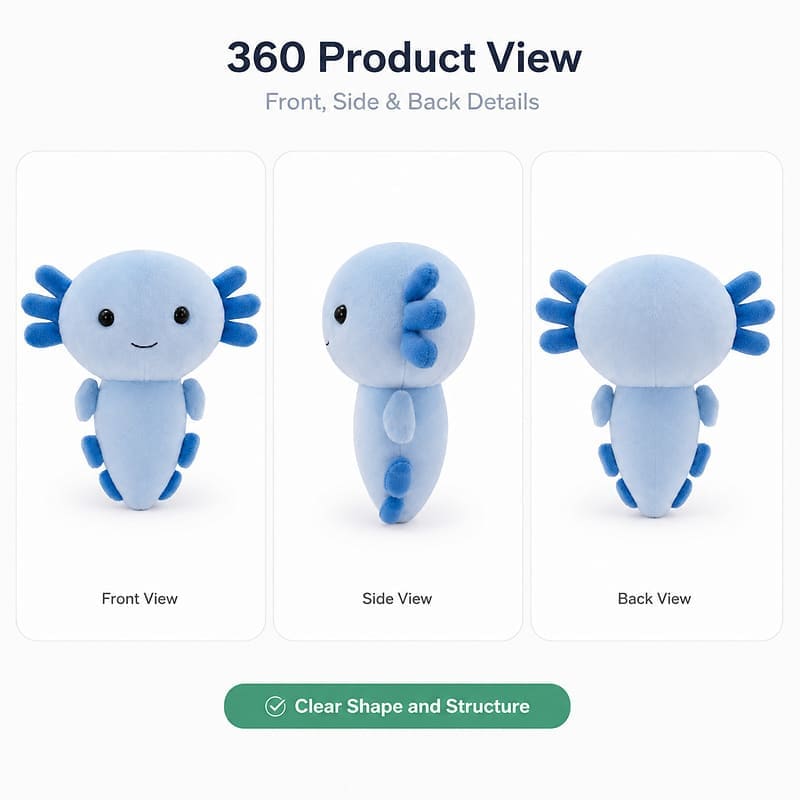Blue axolotl plush toy front side back view