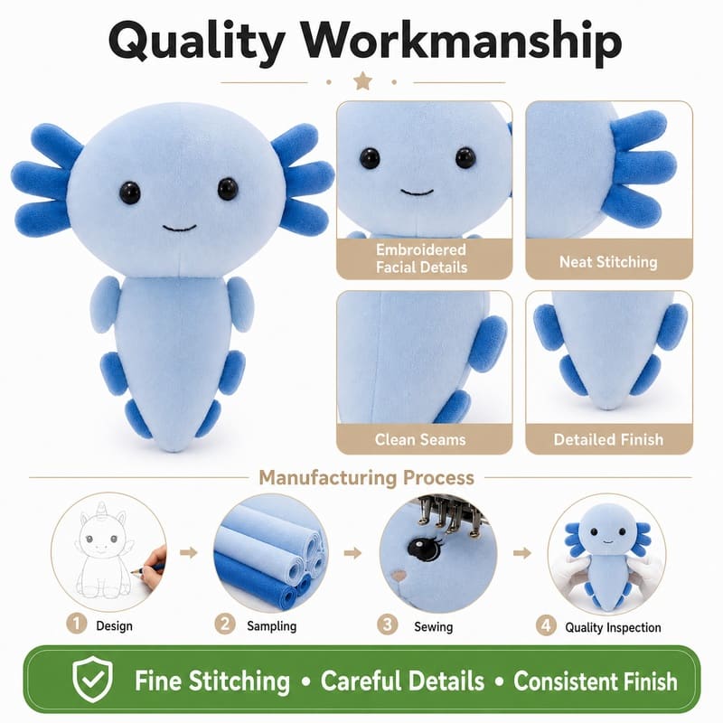 Blue axolotl plush toy embroidered detail