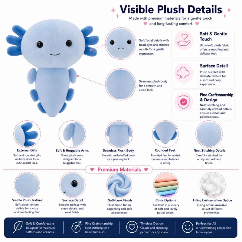 Blue axolotl plush toy size reference