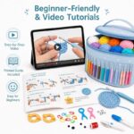 Blue crochet kit with yarn organizer bag size reference