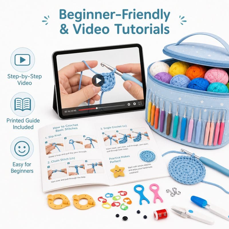 Blue crochet kit with yarn organizer bag size reference