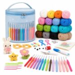 Blue crochet kit with yarn organizer bag front view