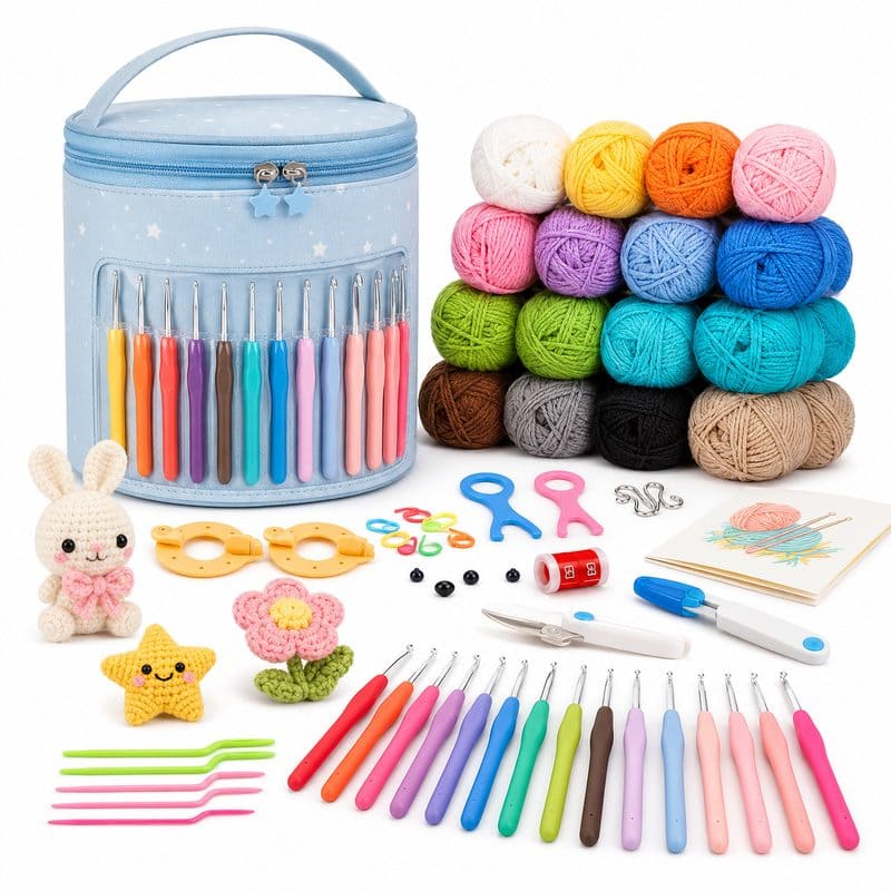 Blue crochet kit with yarn organizer bag front view