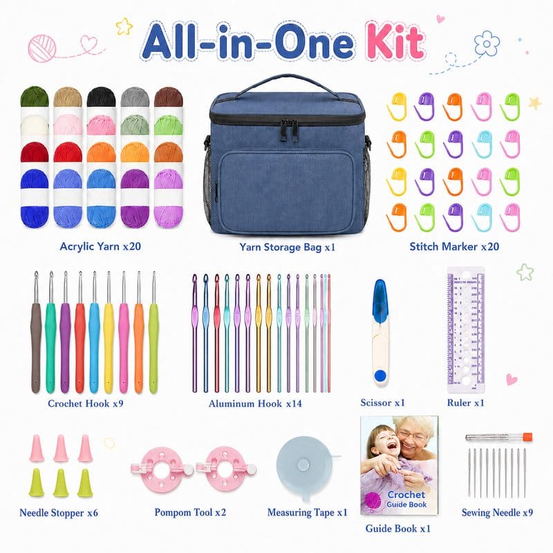 Blue crochet kit with yarn storage bag front side back view