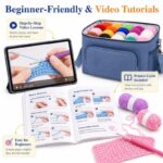 Blue crochet kit with yarn storage bag size reference