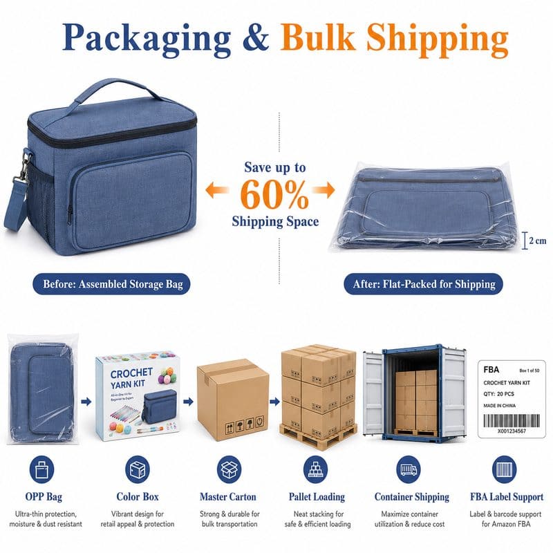 Blue crochet kit with yarn storage bag design detail