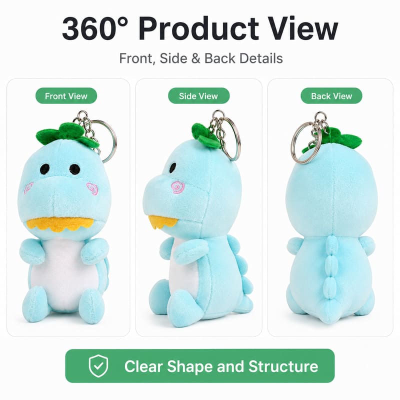 Blue dinosaur plush keychain front side back view