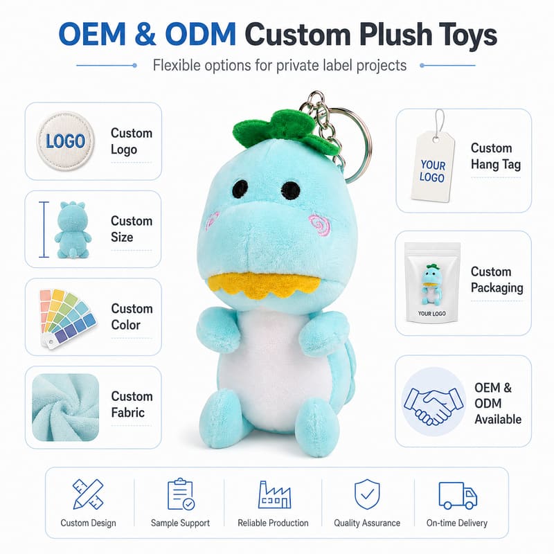 Blue dinosaur plush keychain embroidered detail