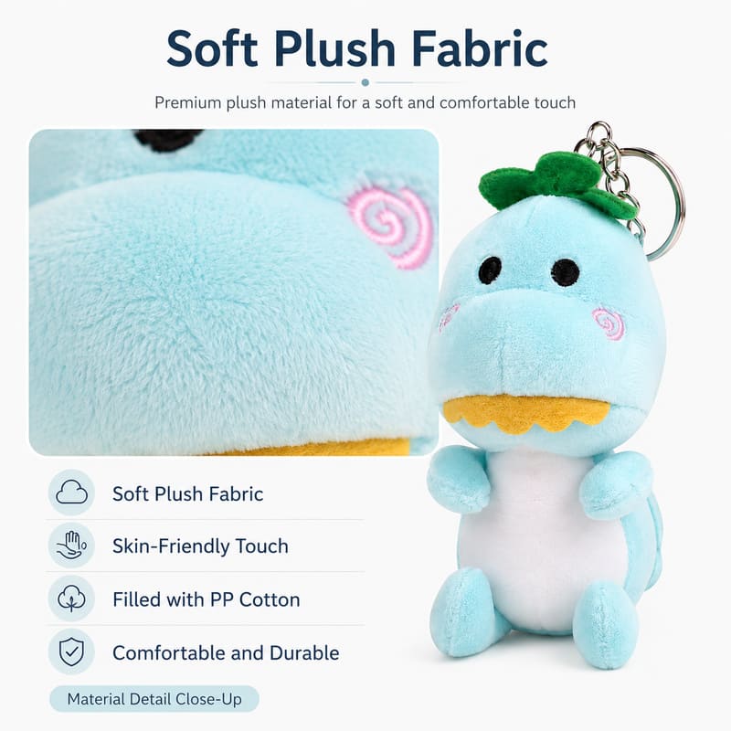 Blue dinosaur plush keychain size reference