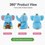 Blue elephant plush toy front side back view