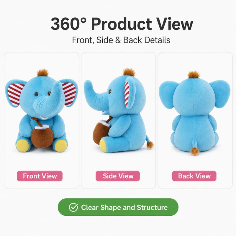 Blue elephant plush toy front side back view