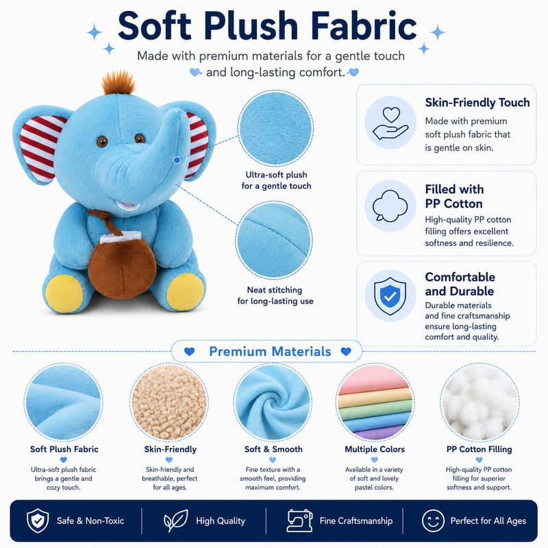Blue elephant plush toy size reference