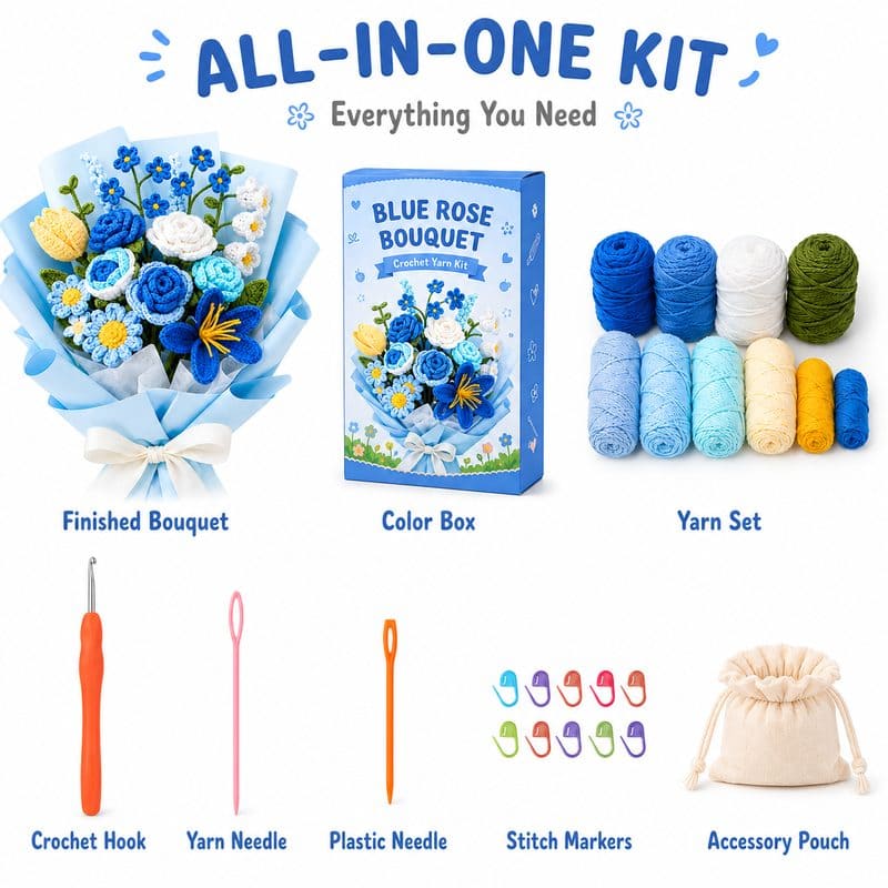 Blue rose crochet bouquet kit for beginners front side back view