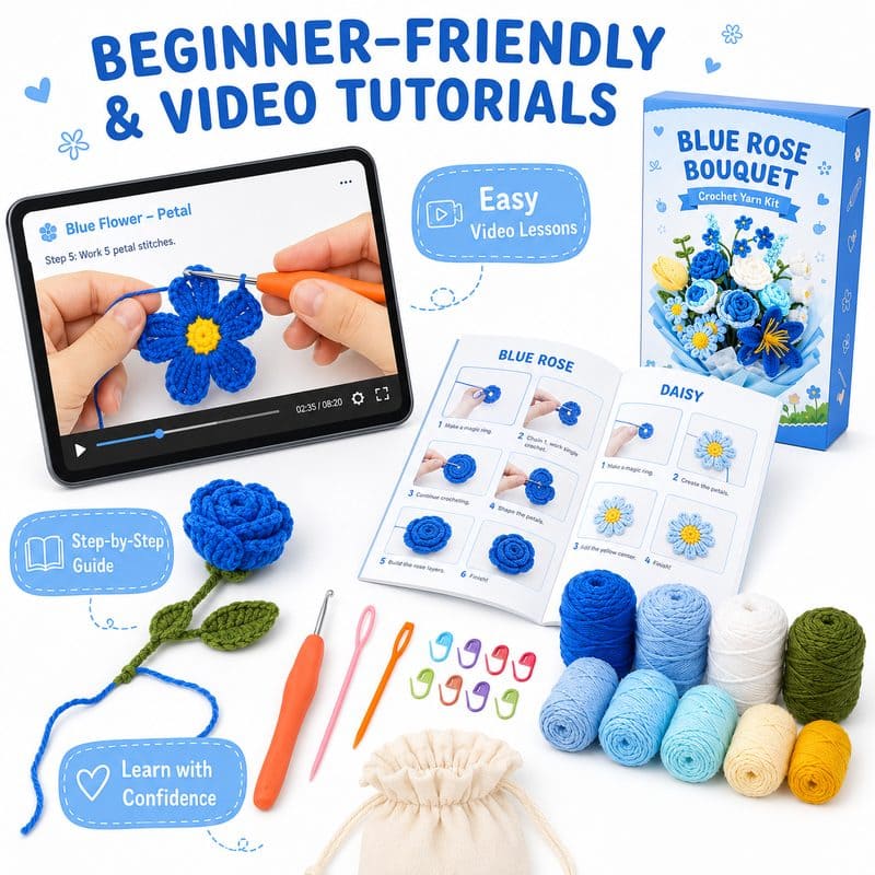 Blue rose crochet bouquet kit for beginners size reference