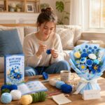 Blue rose crochet bouquet kit for beginners stitching detail