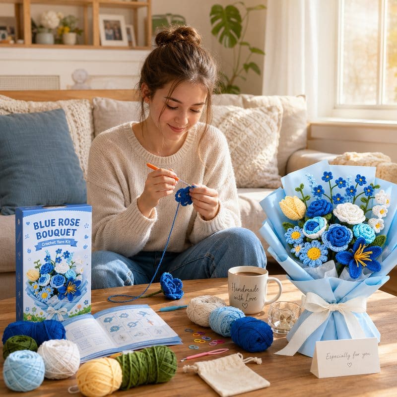 Blue rose crochet bouquet kit for beginners stitching detail