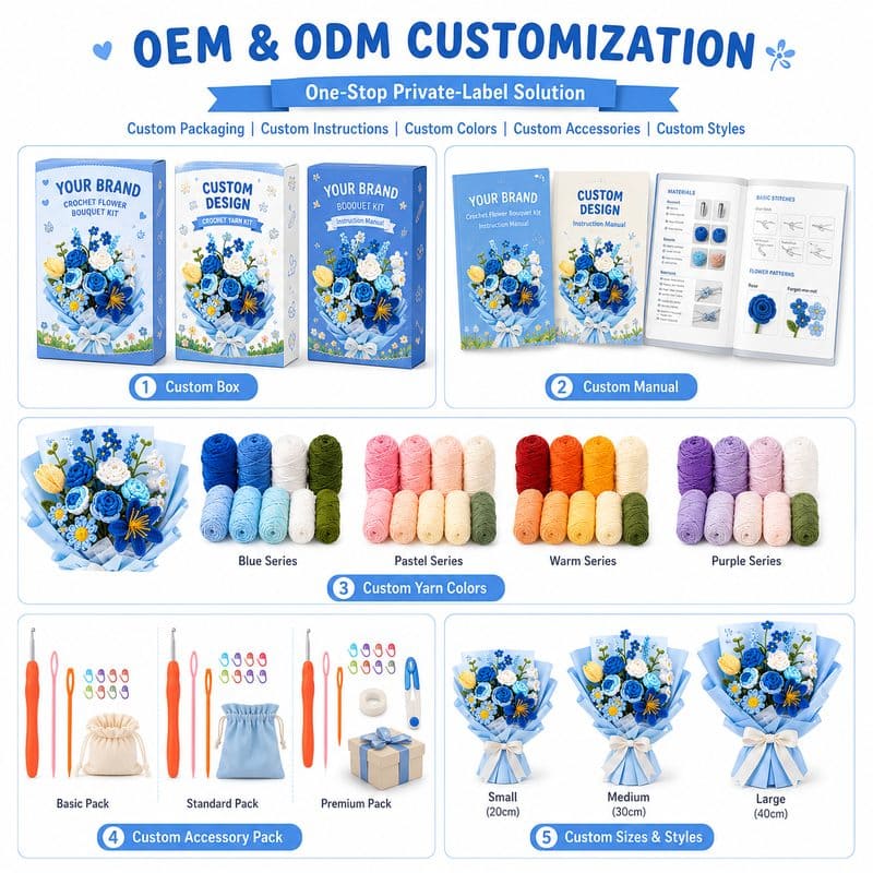 Blue rose crochet bouquet kit for beginners embroidered detail