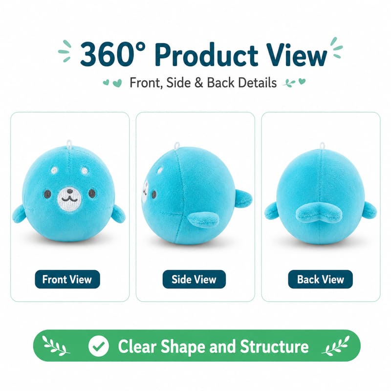Blue whale plush toy front side back view