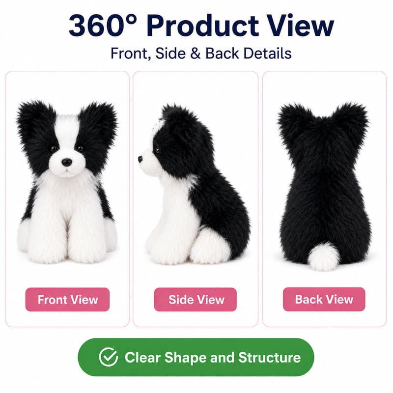 Border collie plush dog front side back view