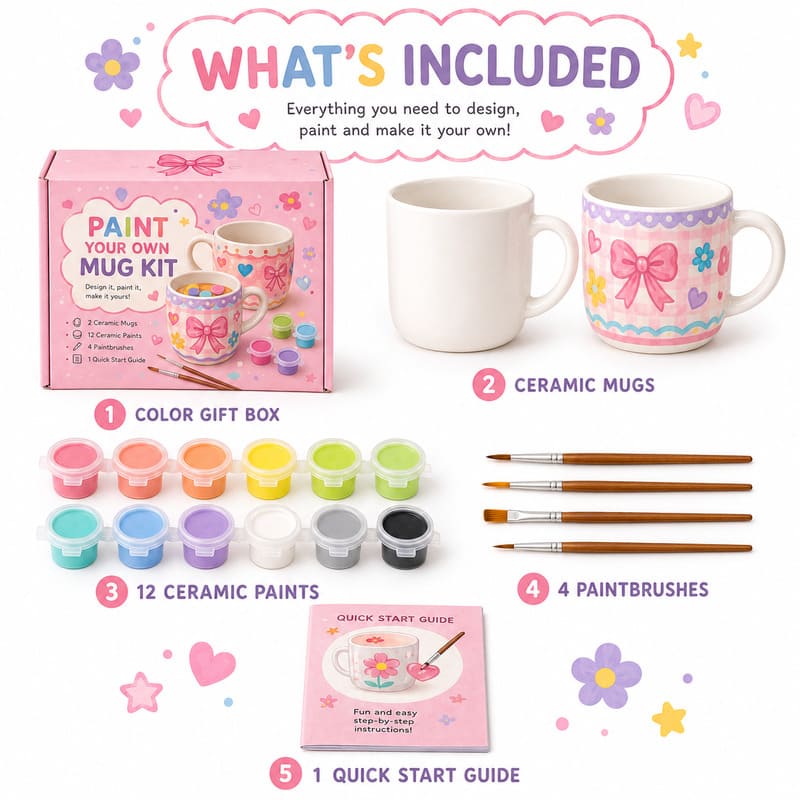 Bow ceramic mug painting kit front side back view